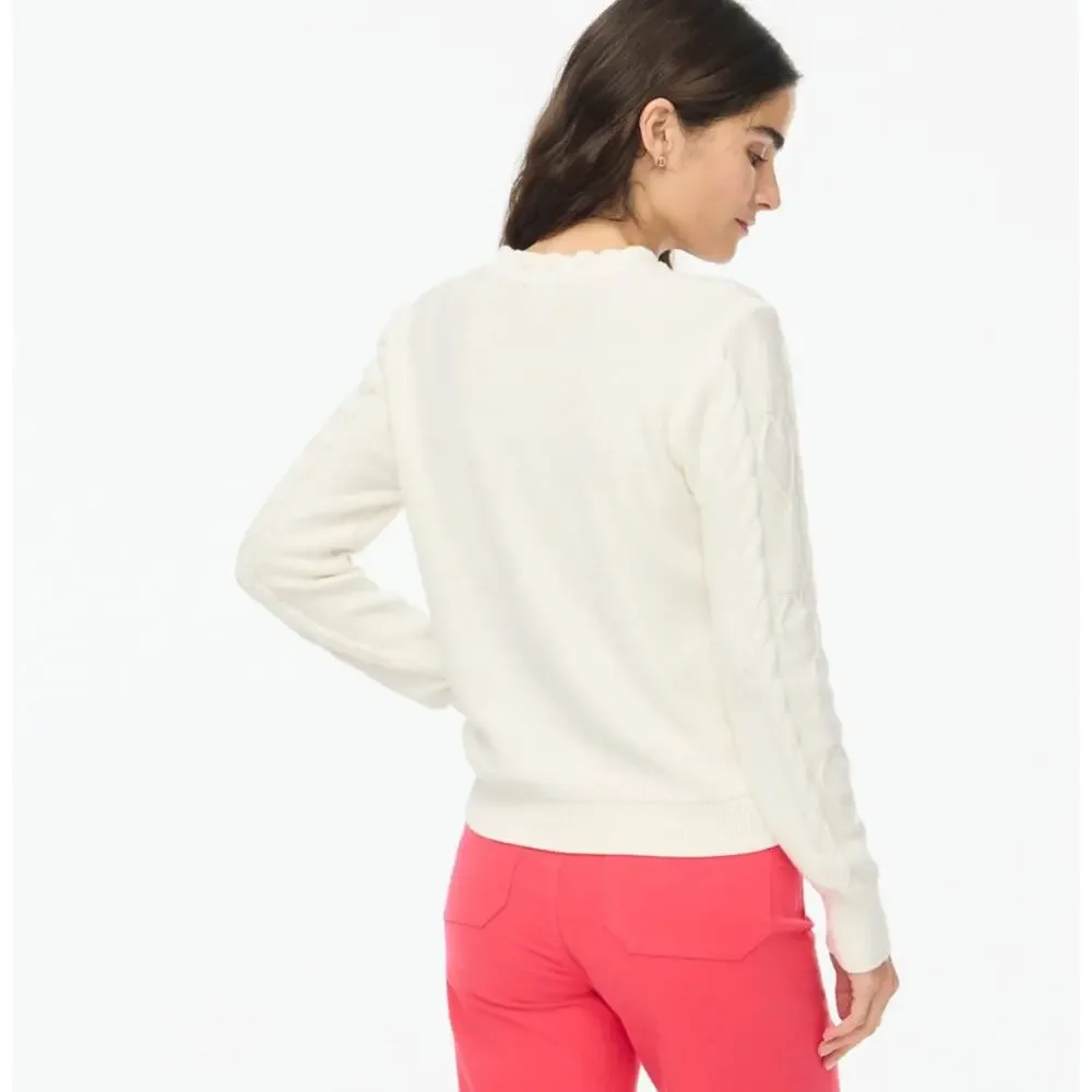 J.Crew Cable-Knit Hearts Crewneck Sweater WMNS S Cream Scalloped Neck Pullover